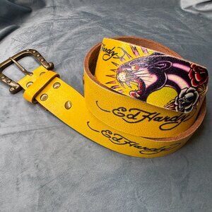 Ed Hardy Men / Women Size S Panther Roses Floral Design Yellow Leather Belt